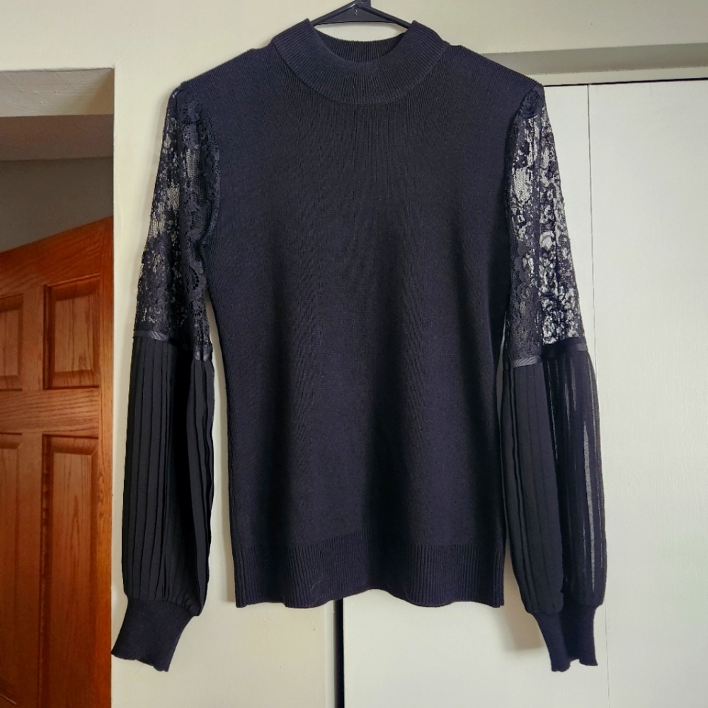 Belldini Lace Sleeve Cotton Sweater Black